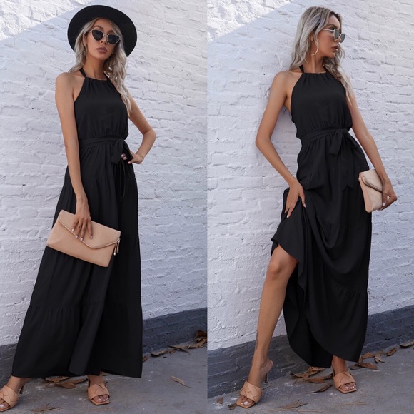 Bellanblue Dresses & Skirts - boho Black tiered ruffle belted halter maxi dress